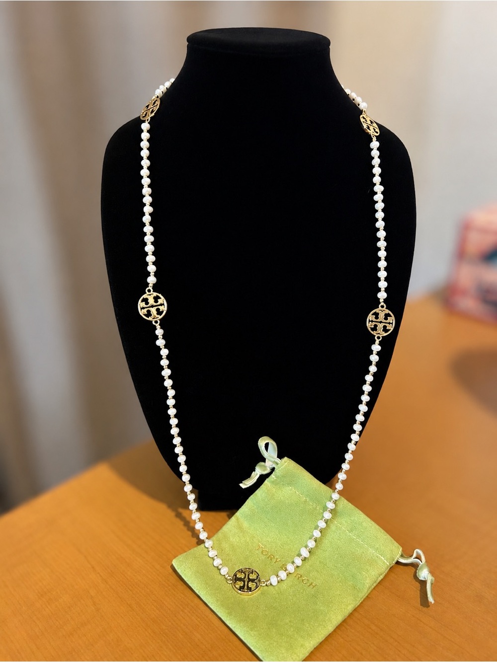 Tory Burch White Pearl Long Necklace with Gold Logo Discs